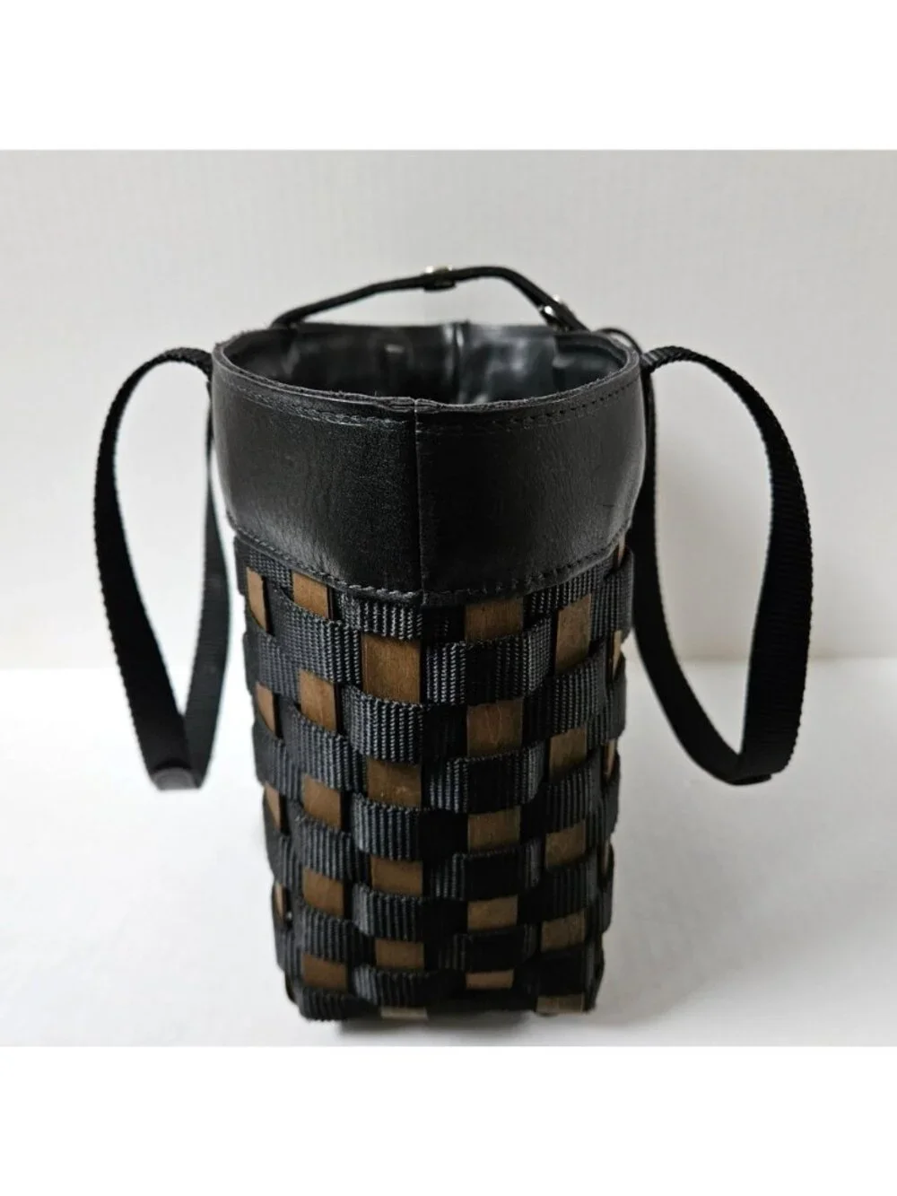 Longaberger To Go Small Shopping Tote Basket Black Woven Nylon Leather Purse Bag